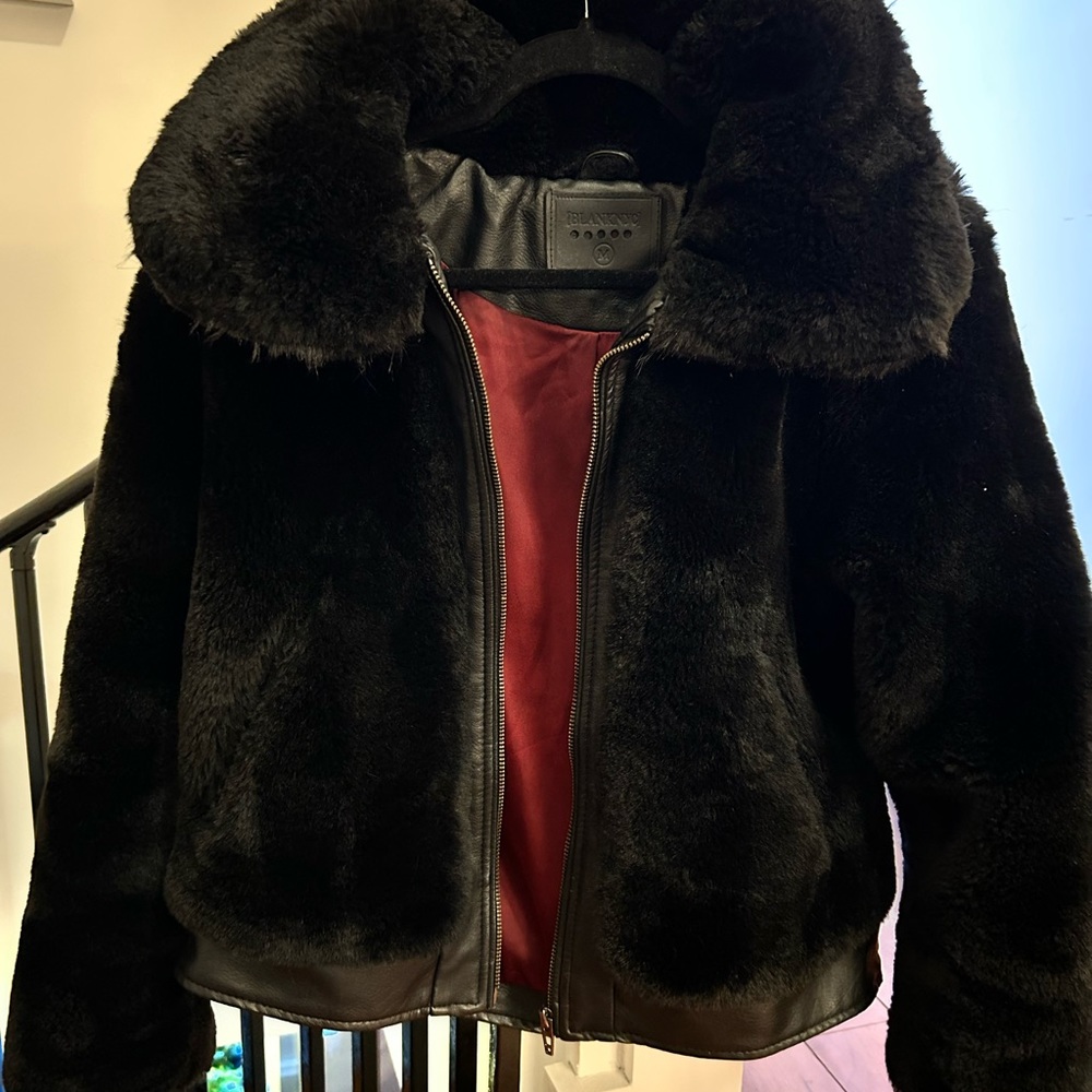 Blank NYC black fur coat with leather detailing
